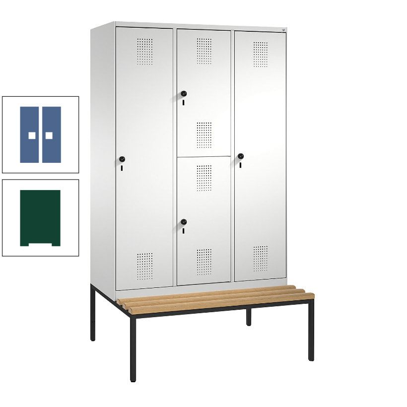 Garderobenschrank, Spind ein- und doppelstöckig Sitzbank, 3 Abteile, 4 Fächer, 2.090x1.200x500 mm (HxBxT), Front anthrazitgrau, Korpus anthrazitgrau