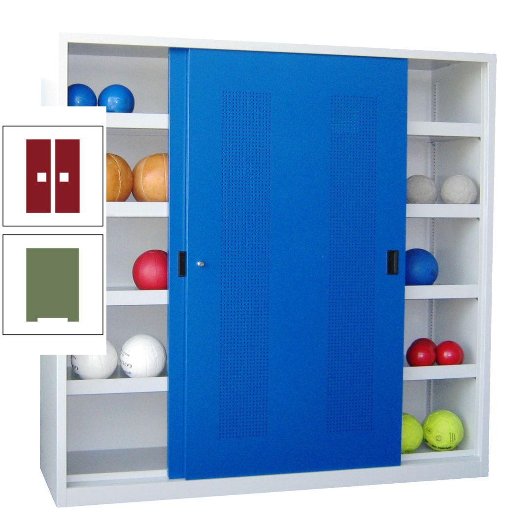 Ballschrank - Schiebetüren mit Lochfeld - Trennwand - 8 Böden - 1.950x2.000x600 mm (HxBxT) - anthrazitgrau