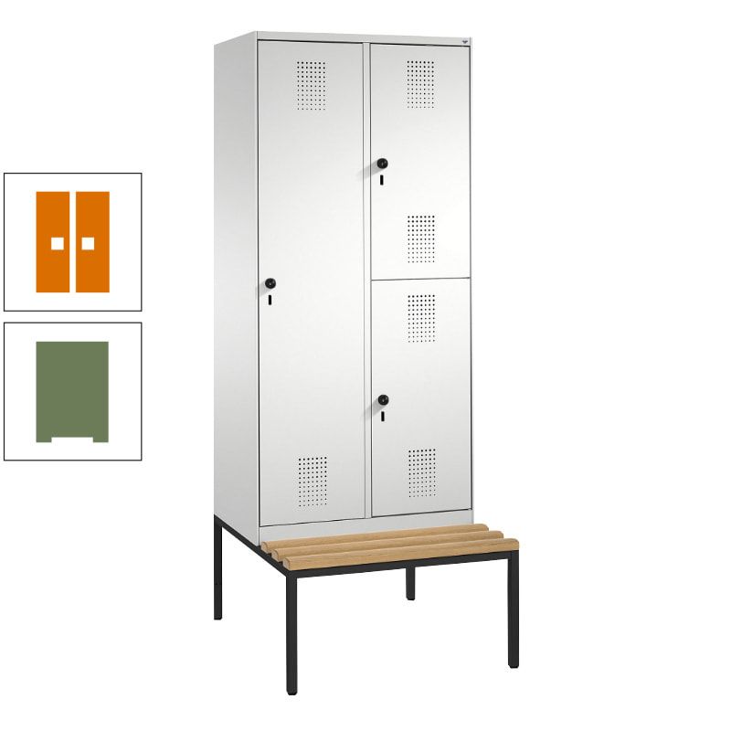 Garderobenschrank, Spind ein- und doppelstöckig Sitzbank, 2 Abteile, 3 Fächer, 2.090 x 800 x 500 mm (HxBxT), Front anthrazitgrau, Korpus anthrazitgrau