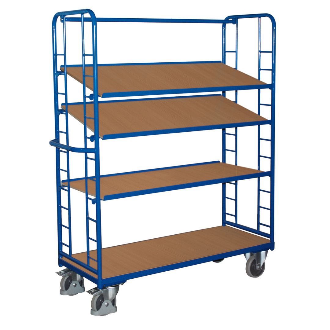 Etagenwagen mit 4 Holzböden, neigbar - Traglast 250 kg - 1.815 x 550 x 1.510 mm (HxBxT) - enzianblau