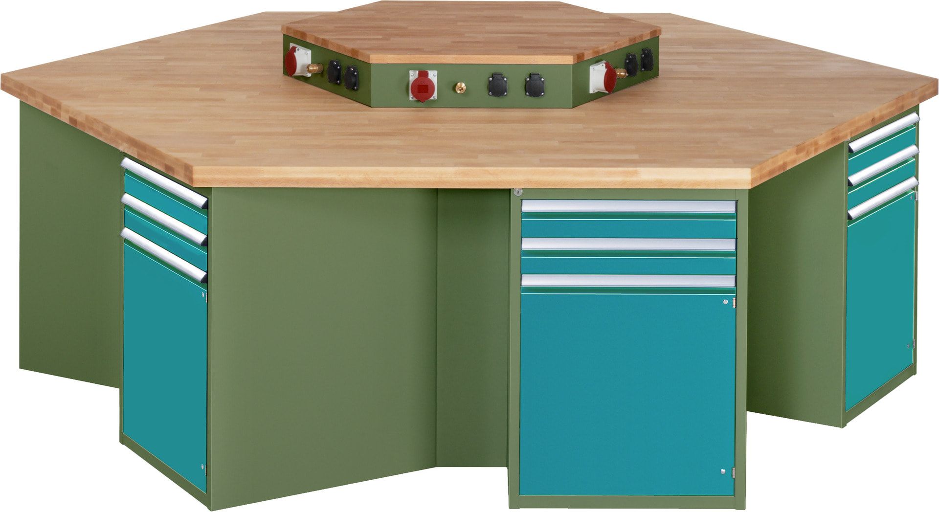 Gruppenwerkbank, Buche, Höhe 840 mm, mit Energieaufsatz, Unterbau-Container, 2 Schubladen, 1 Tür, 1 Boden - Anthrazitgrau