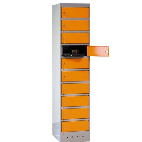 Laptopschrank, Laptopladeschrank, 10 Fächer, Stahlblech, belüftet, 1.800 x 400 x 500 mm (HxBxT), Korpusfarbe anthrazitgrau, Frontfarbe anthrazitgrau