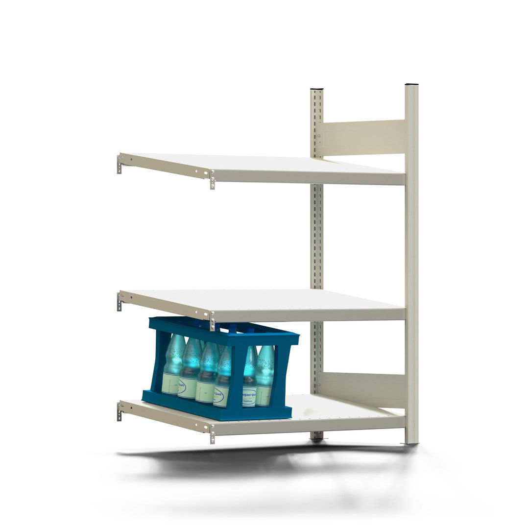 Getränkekistenregal - 150 kg - 1.330 x 976 x 500 mm (HxBxT) - Anbauregal - 3 Schrägböden Span - BERT