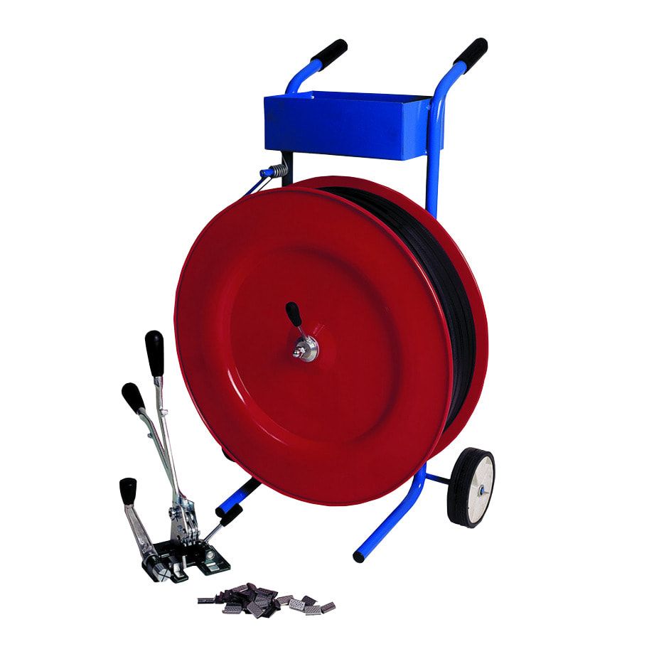 Umreifungs-Set - Bandbreite 13 mm - einteiliges Spann- und Verschlussgerät - Abrollwagen - 3.000 m PP Kunststoffband