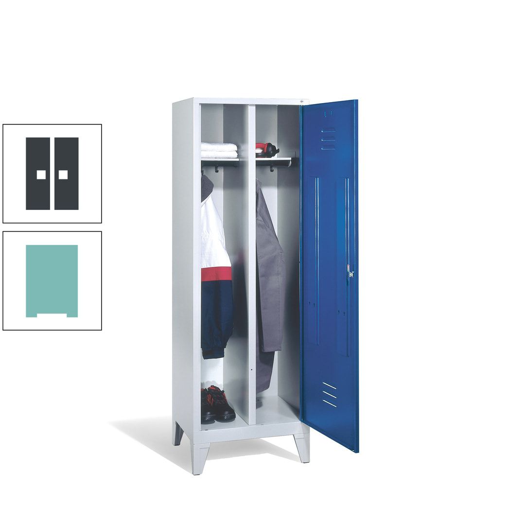 Doppel-Spind mit Großtür, Garderobenschrank mit Füßen, 2 Abteile a 300 mm, Korpus anthrazitgrau, Tür anthrazitgrau, 1.850 x 610 x 500 mm (HxBxT)