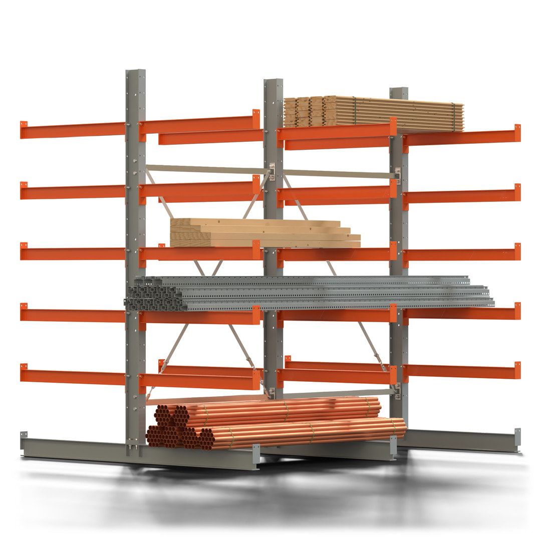 Doppelseitiges Kragarmregal, 2 Felder, 2.500 x 2.560 x 1.120 mm (HxBxT), Nutztiefe 500 mm, Kragarmlast 870 kg, KARL basic, silbergrau/reinorange