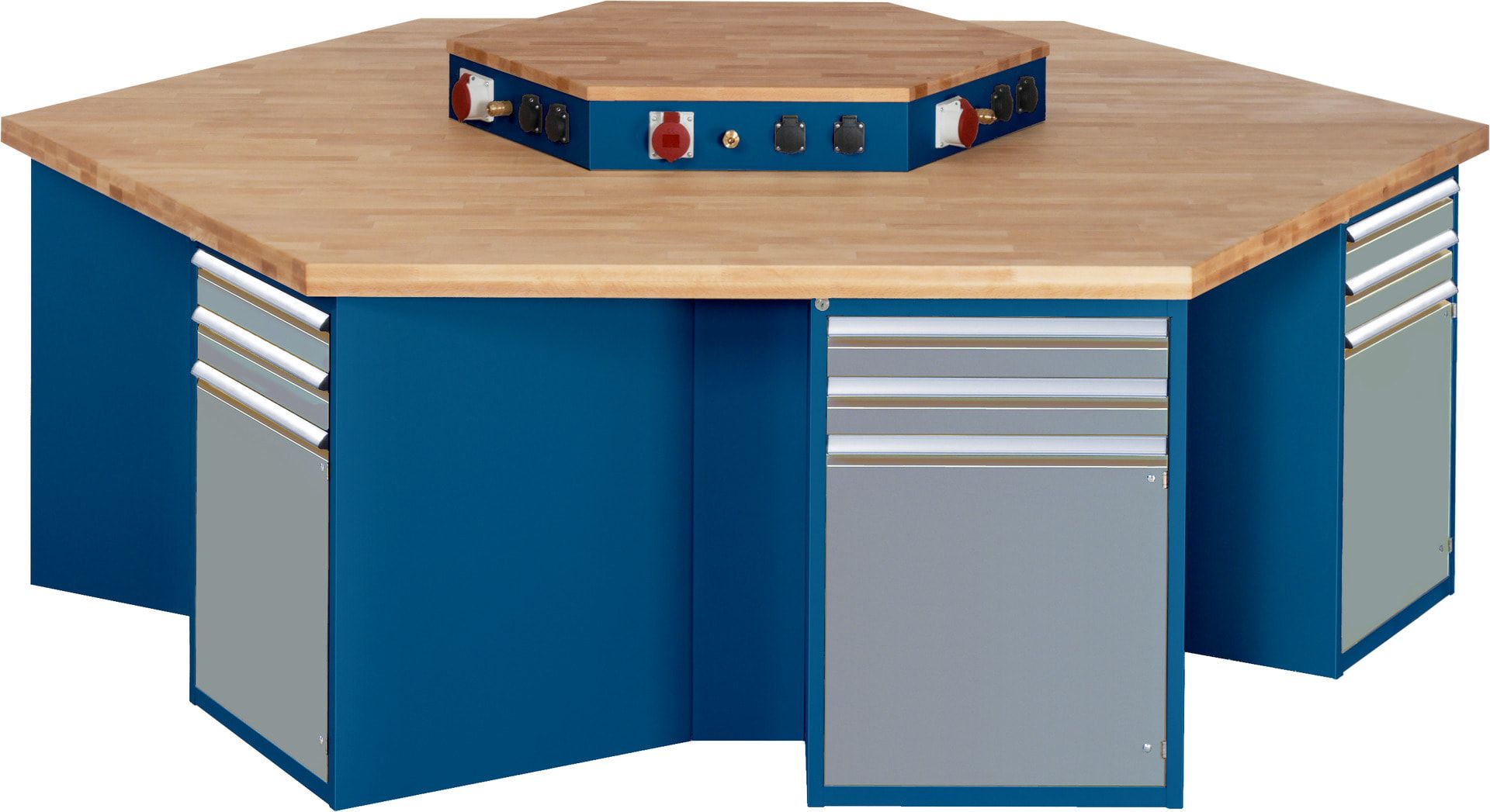 Gruppenwerkbank, Buche, Höhe 840 mm, mit Energieaufsatz, Unterbau-Container, 2 Schubladen, 1 Tür, 1 Boden - Anthrazitgrau