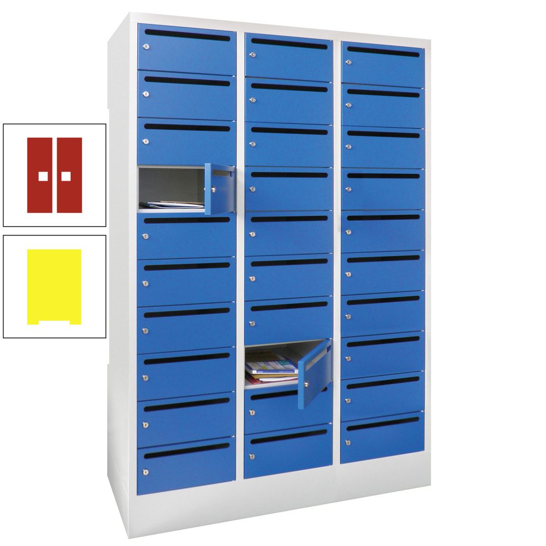 Postverteilerschrank, Schließfachschrank, 3 Abteile a 300 mm, 30 Fächer, 1.850 x 900 x 500 mm (HxBxT), Korpus anthrazitgrau, Front anthrazitgrau