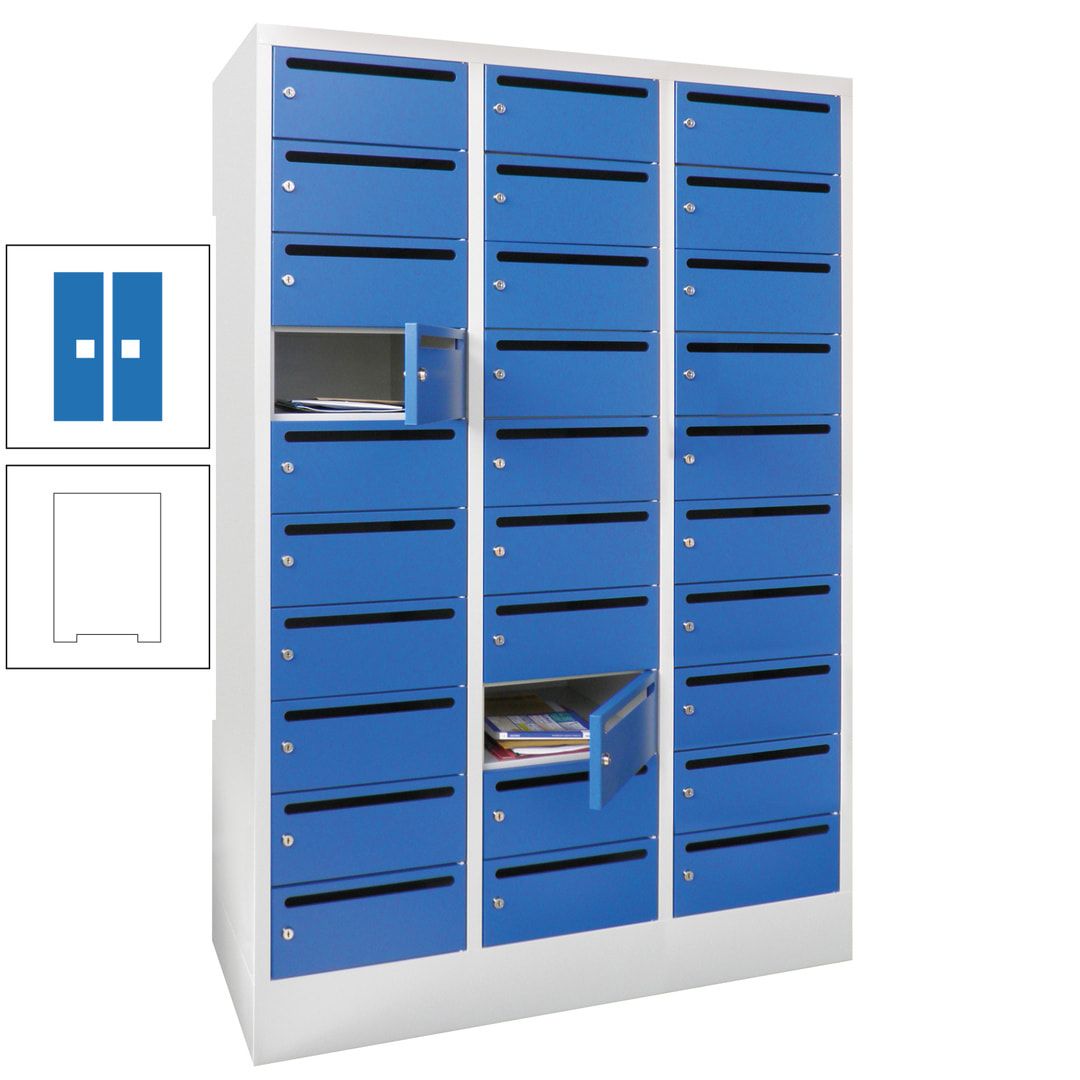 Postverteilerschrank, Schließfachschrank, 3 Abteile a 300 mm, 30 Fächer, 1.850 x 900 x 500 mm (HxBxT), Korpus anthrazitgrau, Front anthrazitgrau