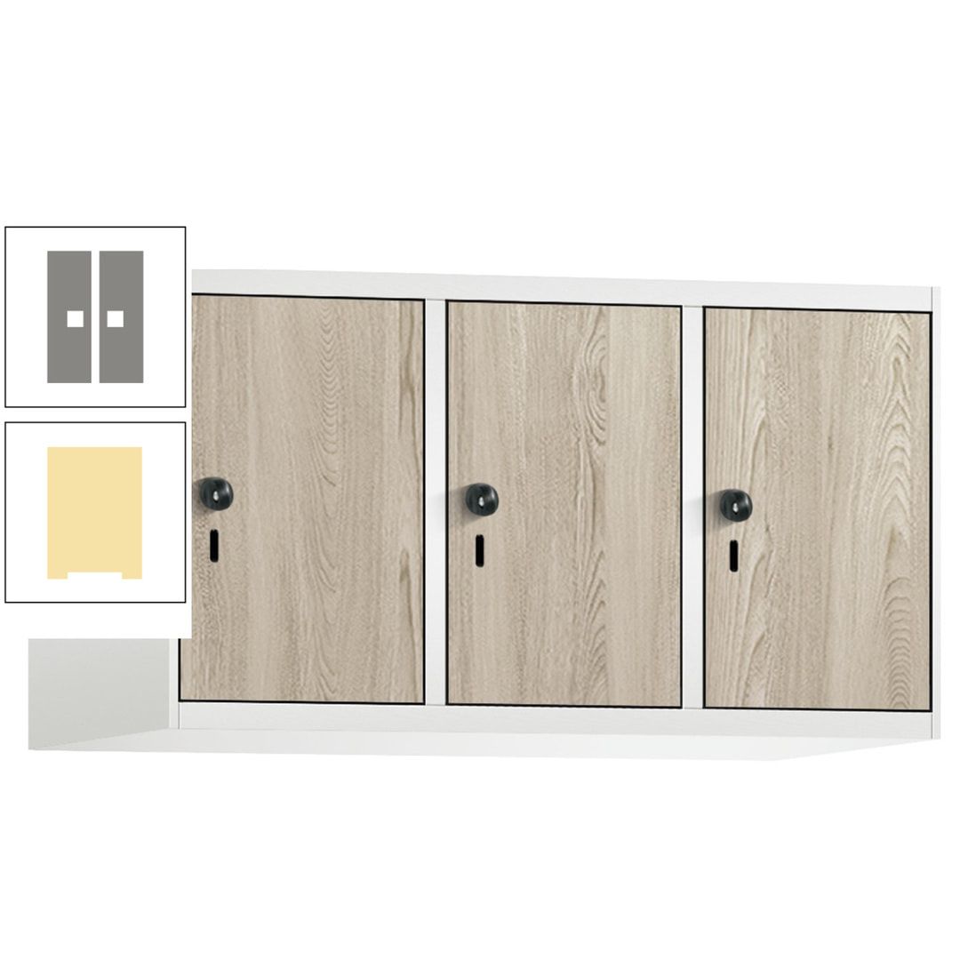 Aufsatzschrank, Schrankaufsatz, 3 Fächer a 300 mm, Farbe Pastellgelb, Tür anthrazitgrau, 500 x 900 x 500 mm (HxBxT)