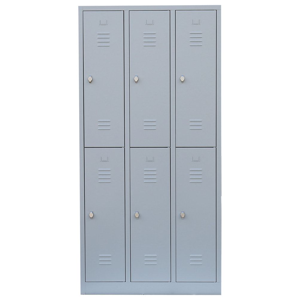 Garderobenschrank, Doppelstockspind, 3 Abteile, 6 Fächer, 1.950 x 885 x 500 mm (HxBxT), Stahl, Drehriegel, Korpus: lichtgrau, Front: lichtgrau