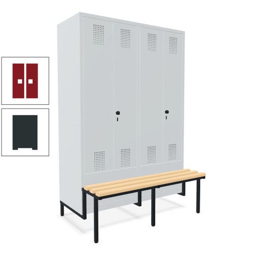 Doppel-Spind, Garderobenschrank, Buche Sitzbank integriert, 4 Abteile 300 mm, Korpus anthrazitgrau, Tür anthrazitgrau, 1.850 x 1.200 x 815 mm (HxBxT)