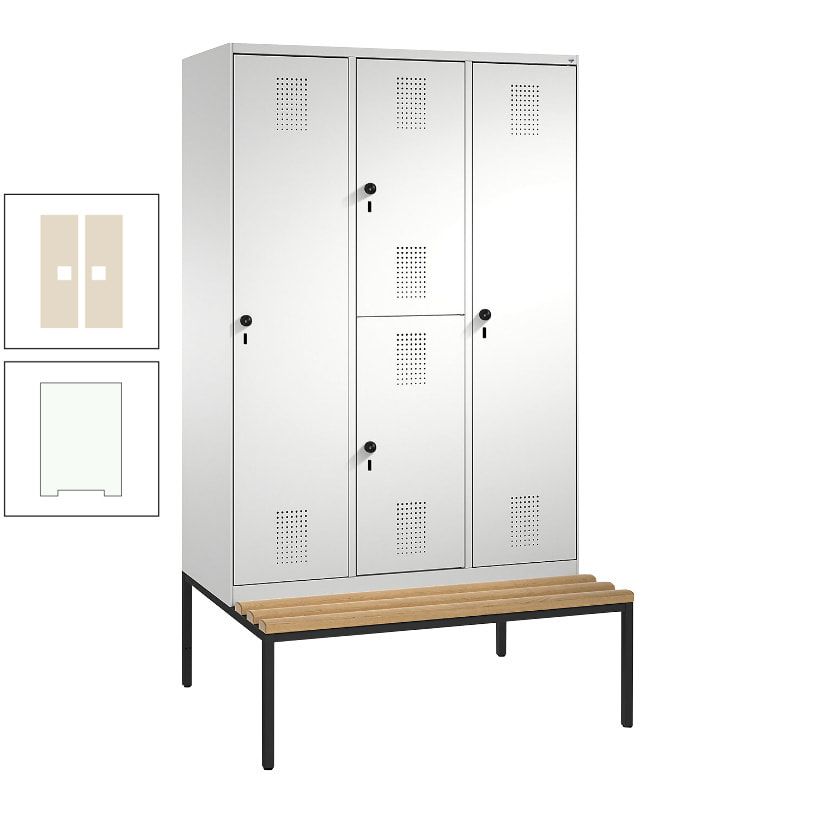 Garderobenschrank, Spind ein- und doppelstöckig Sitzbank, 3 Abteile, 4 Fächer, 2.090x1.200x500 mm (HxBxT), Front anthrazitgrau, Korpus anthrazitgrau
