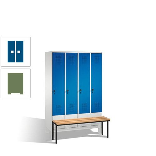 Stahl-Garderobenschrank, Spind, Buche Sitzbank vorgebaut, 4 Abteile a 300 mm, Korpus Lichtgrün, Tür Schwefelgelb, 1.850 x 1.200 x 815 mm (HxBxT)
