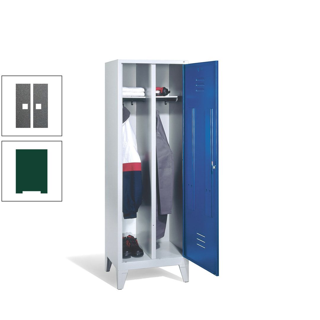 Doppel-Spind mit Großtür, Garderobenschrank mit Füßen, 2 Abteile a 300 mm, Korpus anthrazitgrau, Tür anthrazitgrau, 1.850 x 610 x 500 mm (HxBxT)