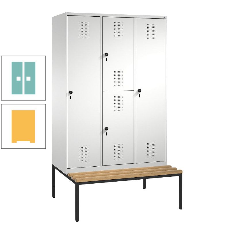 Garderobenschrank, Spind ein- und doppelstöckig Sitzbank, 3 Abteile, 4 Fächer, 2.090x1.200x500 mm (HxBxT), Front anthrazitgrau, Korpus anthrazitgrau
