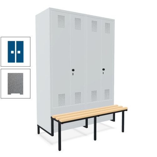 Doppel-Spind, Garderobenschrank, Buche Sitzbank integriert, 4 Abteile 300 mm, Korpus anthrazitgrau, Tür anthrazitgrau, 1.850 x 1.200 x 815 mm (HxBxT)