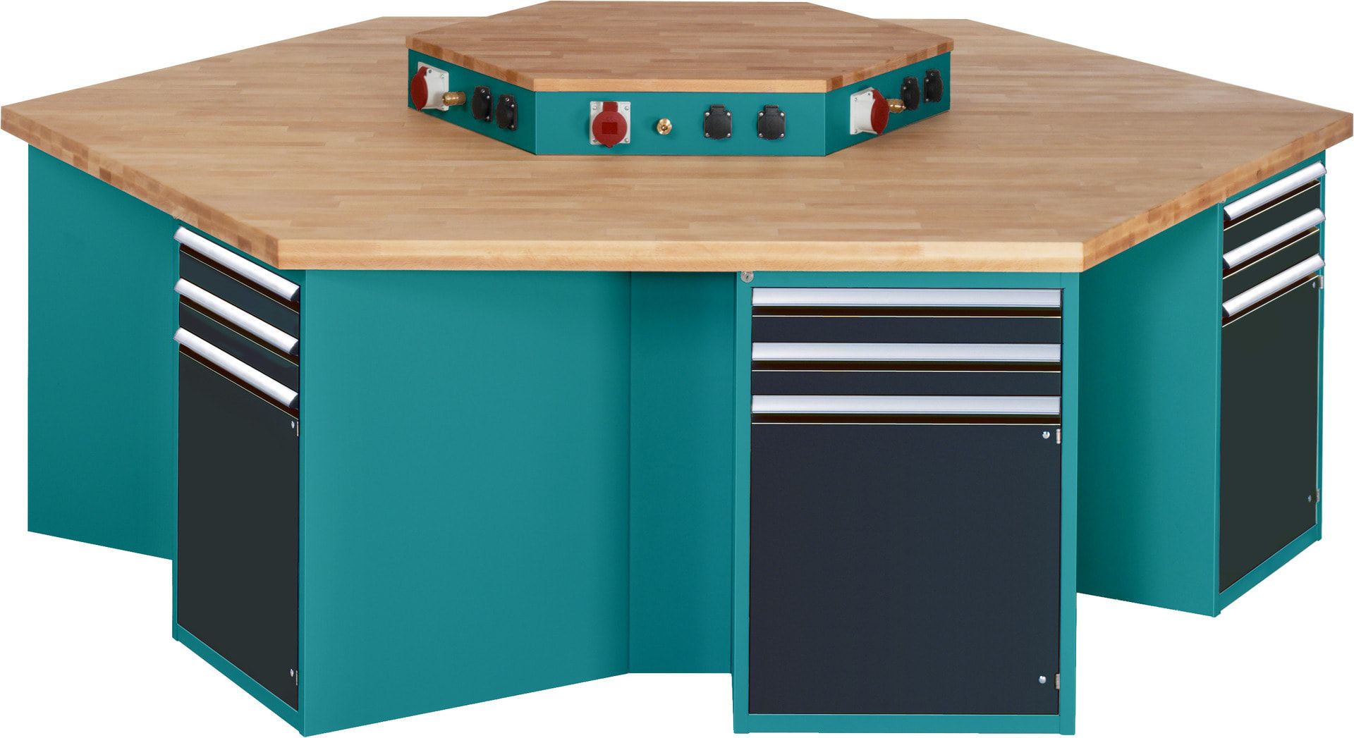Gruppenwerkbank, Buche, Höhe 840 mm, mit Energieaufsatz, Unterbau-Container, 2 Schubladen, 1 Tür, 1 Boden - Anthrazitgrau