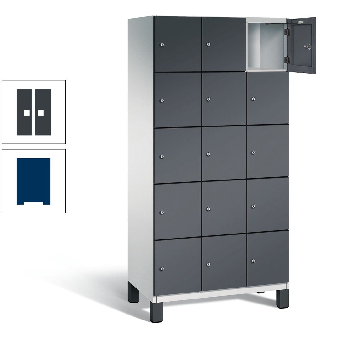 Fächerschrank, Stahlschrank, 15 Fächer, Türöffnungsbegrenzer, Füße, 1.980 x 900 x 525 mm (HxBxT), Korpus anthrazitgrau, Front anthrazitgrau