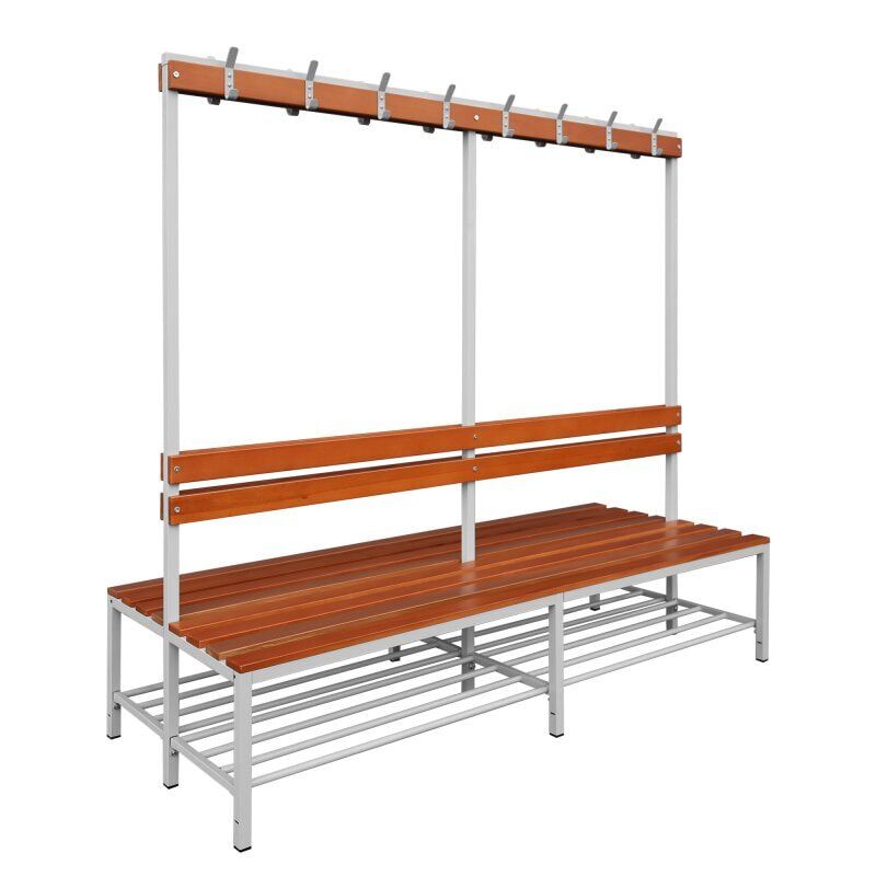Umkleidebank, doppelseitig, Schuhrost, Haken, Breite 1.200 mm, Sitzhöhe 400 mm, Stahl mit Holzleisten, Gestell: lichtgrau, Sitzleisten: Buche