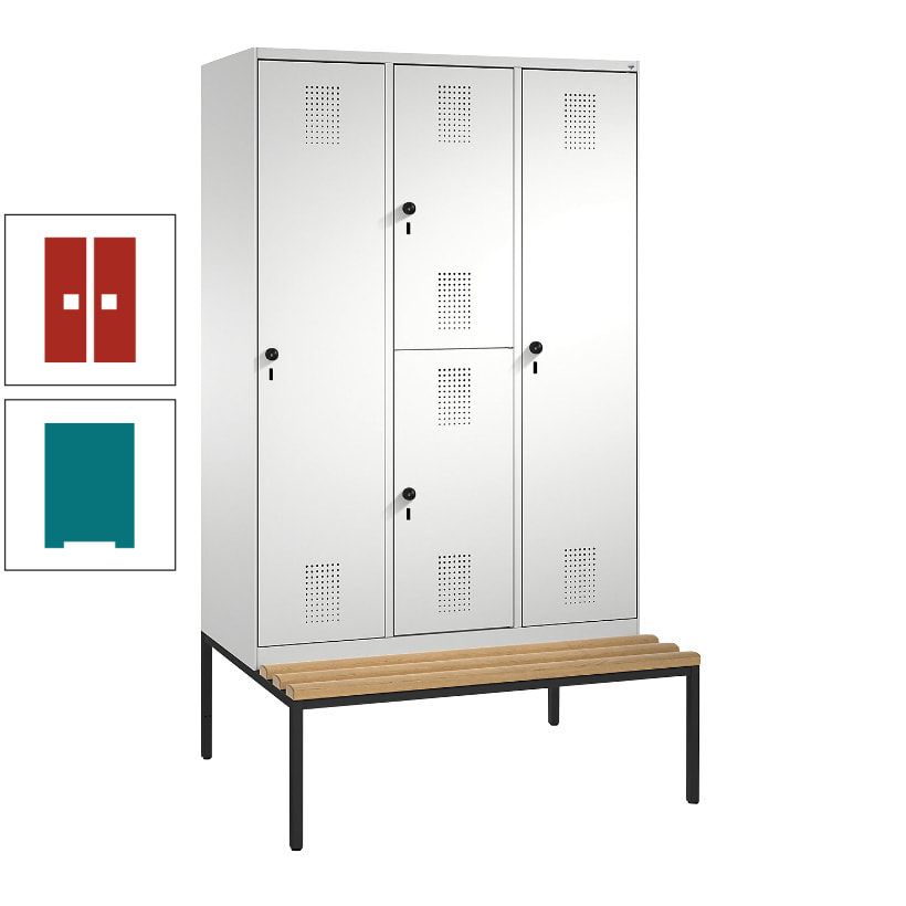 Garderobenschrank, Spind ein- und doppelstöckig Sitzbank, 3 Abteile, 4 Fächer, 2.090x1.200x500 mm (HxBxT), Front anthrazitgrau, Korpus anthrazitgrau