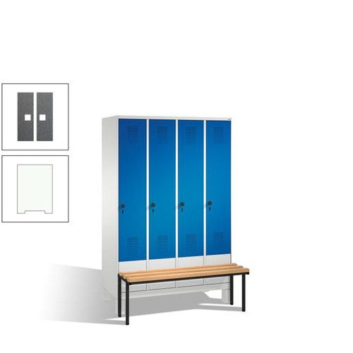 Stahl-Garderobenschrank, Spind, Buche Sitzbank vorgebaut, 4 Abteile a 300 mm, Korpus Lichtgrün, Tür Schwefelgelb, 1.850 x 1.200 x 815 mm (HxBxT)