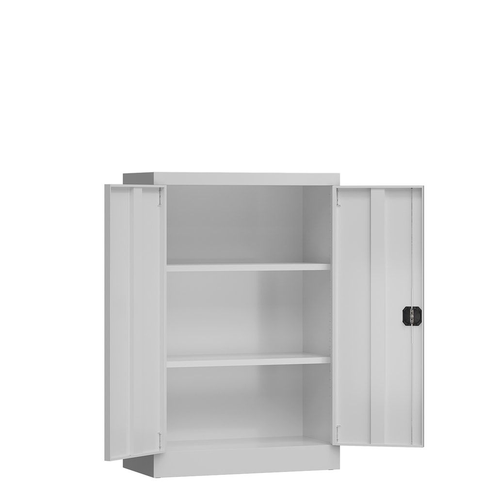 Aktenschrank, Büroschrank, abschließbar, Flügeltüren, 2 Fachböden, 1.200 x 800 x 380 mm (HxBxT), Stahl, Korpus und Türen lichtgrau