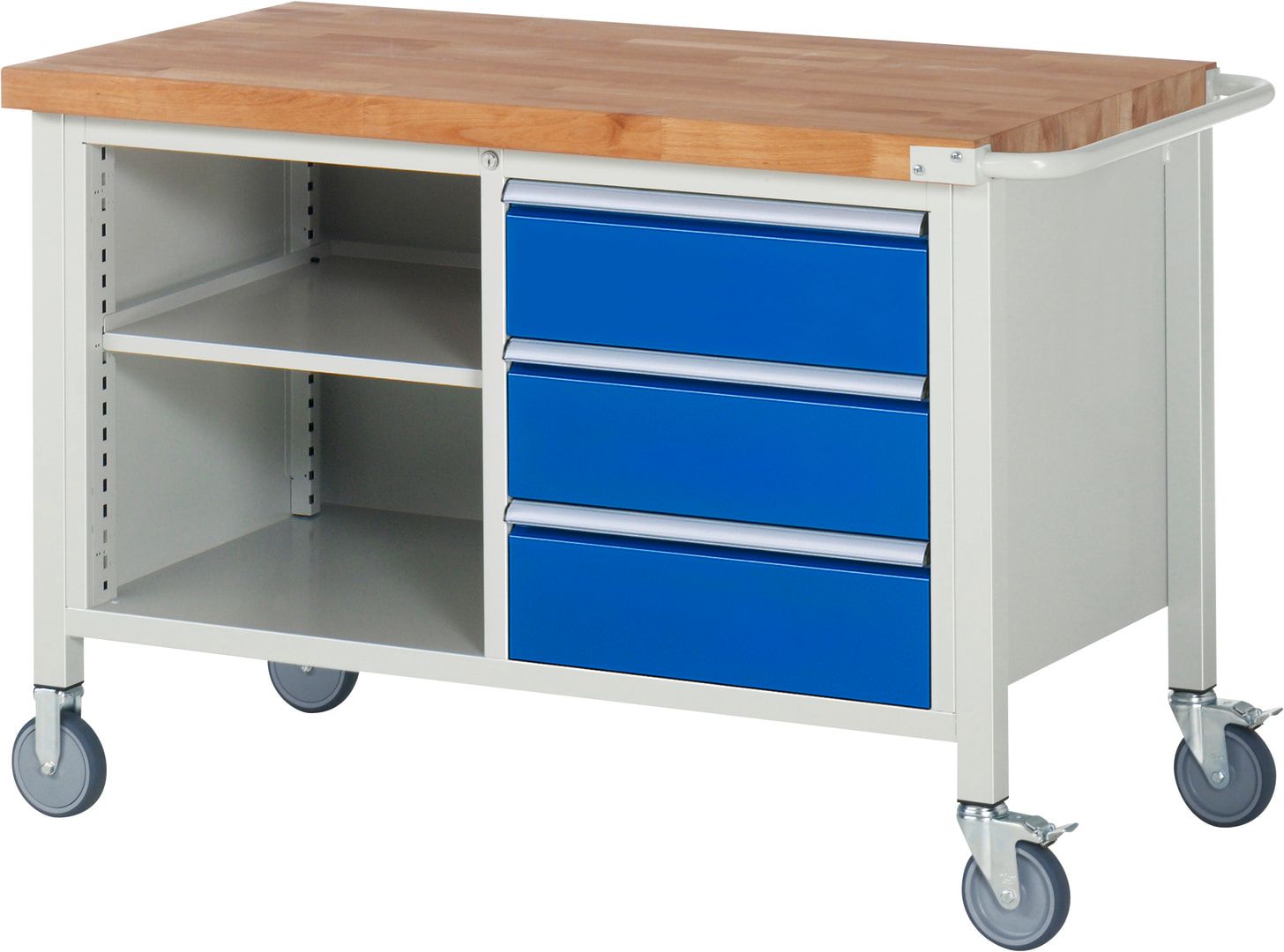 Mobile Werkbank, 2 Ablageböden - 3 Schubladen - Teilauszug - 180:3 - Höhe 880-1.080 mm - 1.250 x 700 mm - 450 kg - Anthrazitgrau