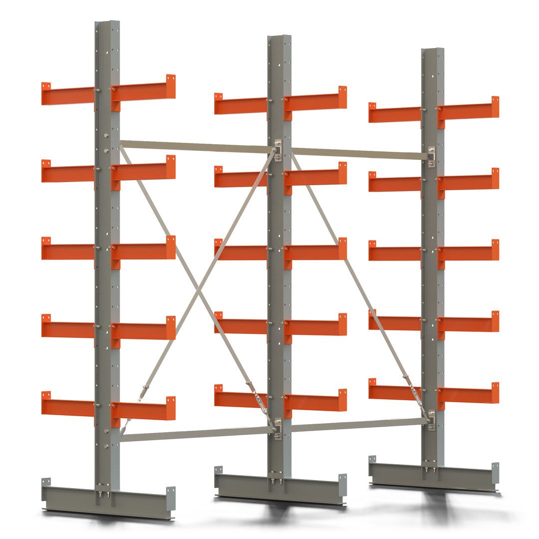 Doppelseitiges Kragarmregal, 2 Felder, 2.500 x 2.560 x 1.120 mm (HxBxT), Nutztiefe 500 mm, Kragarmlast 870 kg, KARL basic, silbergrau/reinorange