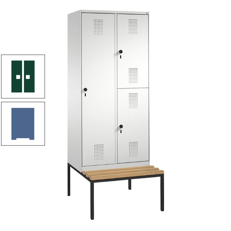 Garderobenschrank, Spind ein- und doppelstöckig Sitzbank, 2 Abteile, 3 Fächer, 2.090 x 800 x 500 mm (HxBxT), Front anthrazitgrau, Korpus anthrazitgrau