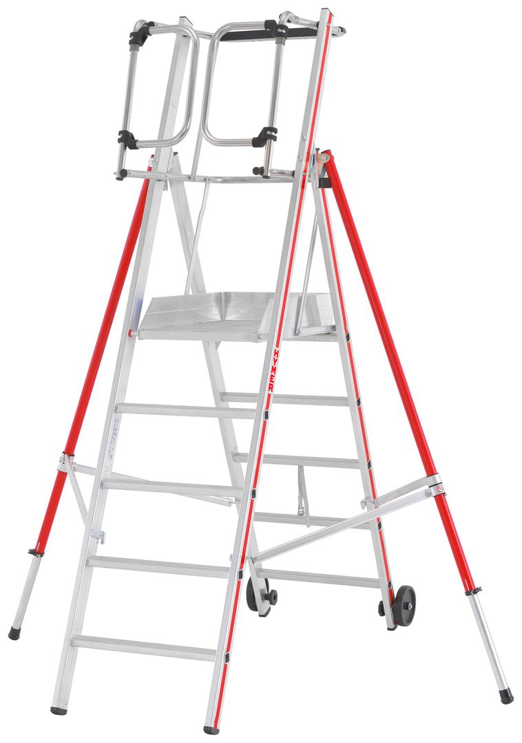 Erweiterbare Plattformleiter - Länge 1.850 mm - Plattform mit Geländer - mit Ablageschale - Aluleiter