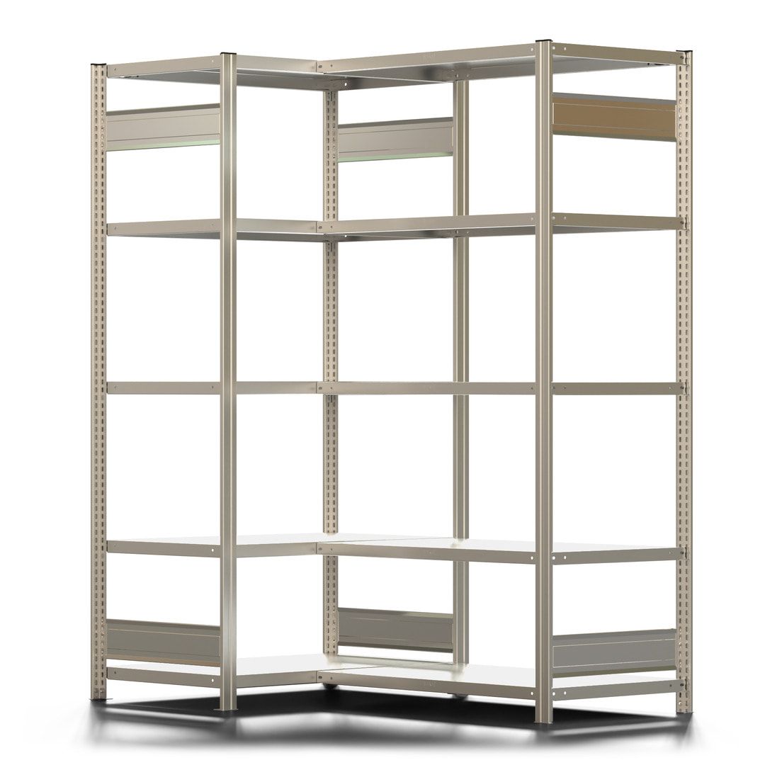 Eckregal mit 5 Stahlfachböden - 150 kg - 2.000 x 1.331 x 1.061 mm (HxBxT) - verzinkt - Fachbodenregal - BERT