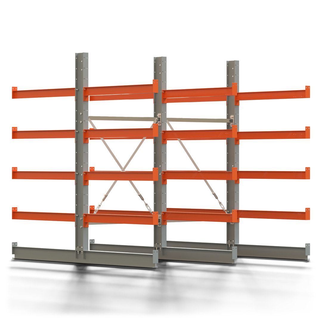 Doppelseitiges Kragarmregal, 2 Felder, 2.000 x 2.000 x 1.120 mm (HxBxT), Nutztiefe 500 mm, Kragarmlast 870 kg, KARL basic, silbergrau/reinorange