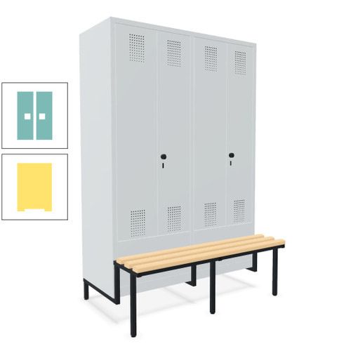 Doppel-Spind, Garderobenschrank, Buche Sitzbank integriert, 4 Abteile 300 mm, Korpus anthrazitgrau, Tür anthrazitgrau, 1.850 x 1.200 x 815 mm (HxBxT)