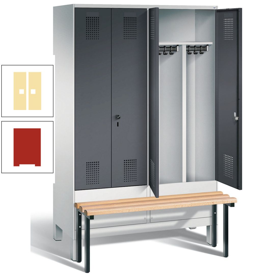 Doppel-Spind, Garderobenschrank, Buche Sitzbank vorgebaut, 4 Abteile a 300 mm, Korpus feuerrot, Tür Wasserblau, 1.850 x 1.200 x 815 mm (HxBxT)