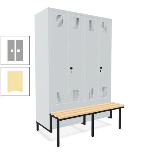 Doppel-Spind, Garderobenschrank, Buche Sitzbank integriert, 4 Abteile 300 mm, Korpus anthrazitgrau, Tür anthrazitgrau, 1.850 x 1.200 x 815 mm (HxBxT)