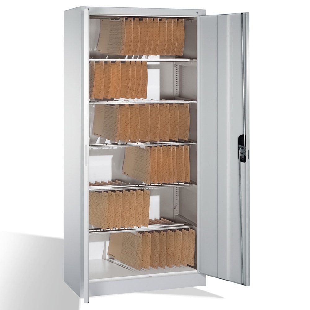 Büroschrank, Aktenschrank mit 6 Pendelstangen, für Elba/Leitz Pendelmappen, Korpusfarbe lichtgrau, Türfarbe enzianblau, 1.950 x 930 x 400 mm (HxBxT)