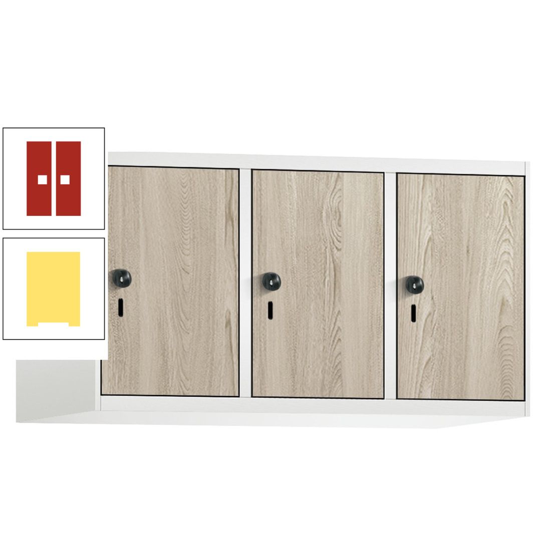 Aufsatzschrank, Schrankaufsatz, 3 Fächer a 300 mm, Farbe Pastellgelb, Tür anthrazitgrau, 500 x 900 x 500 mm (HxBxT)
