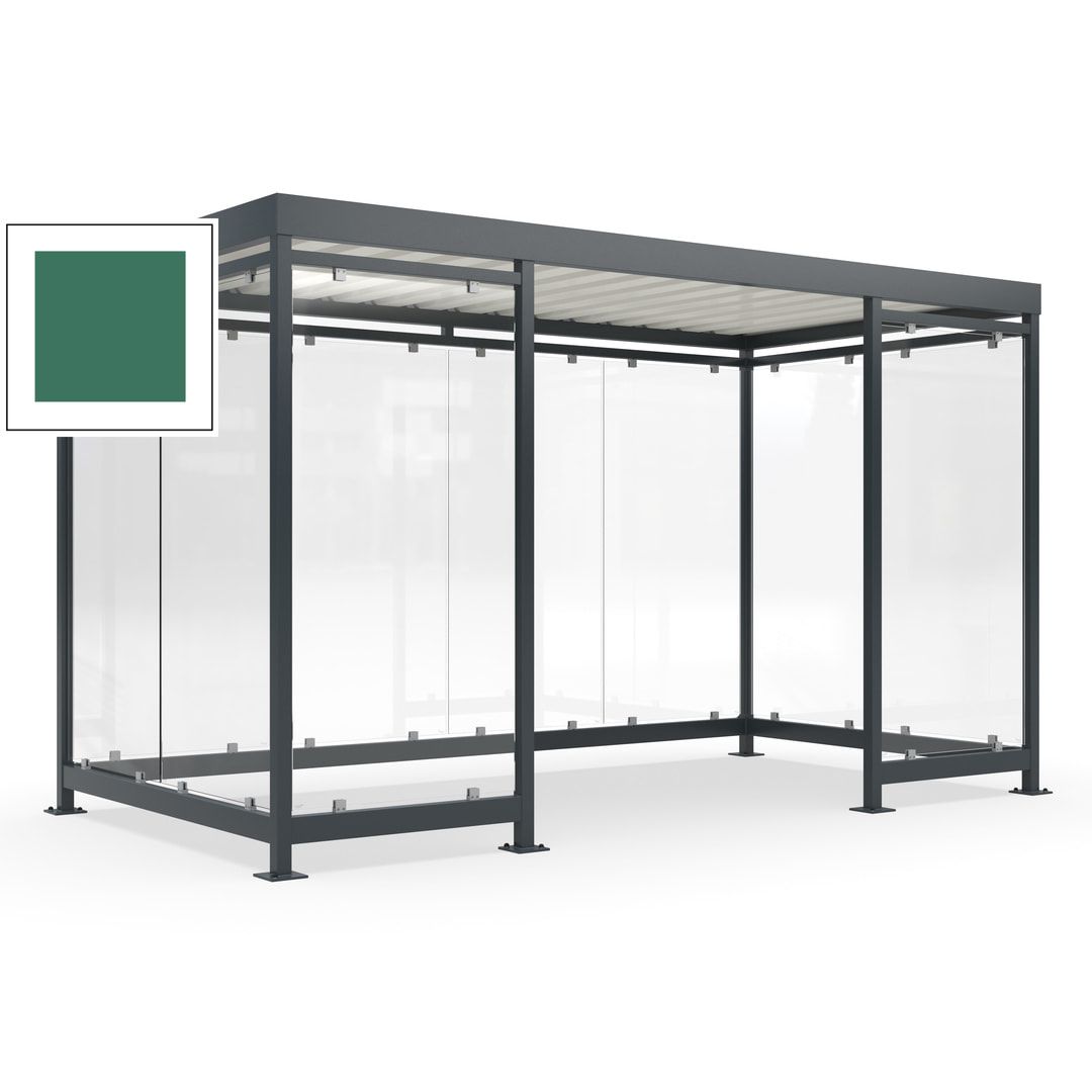 Fahrgastunterstand, Raucherunterstand, fertig montiert, Aufdübeln, 12-13 Personen, 2.510 x 4.195 x 2.165 mm (HxBxT), 10 Wände, Achatgrau