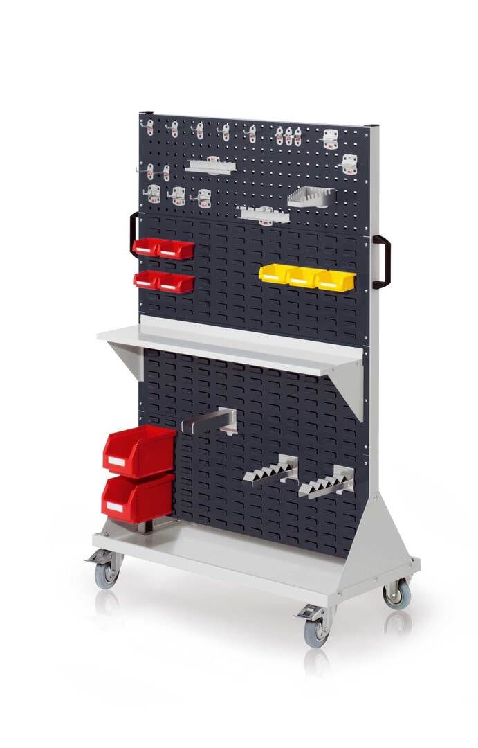 Mobiler Rollwagen, 2 Loch- und 6 Schlitzplatten, 18 Halter, 9 Sichtlagerkästen, Boden, Träger, 1.580 x 1.000 x 500 mm (HxBxT), Anthrazitgrau (RAL7016)