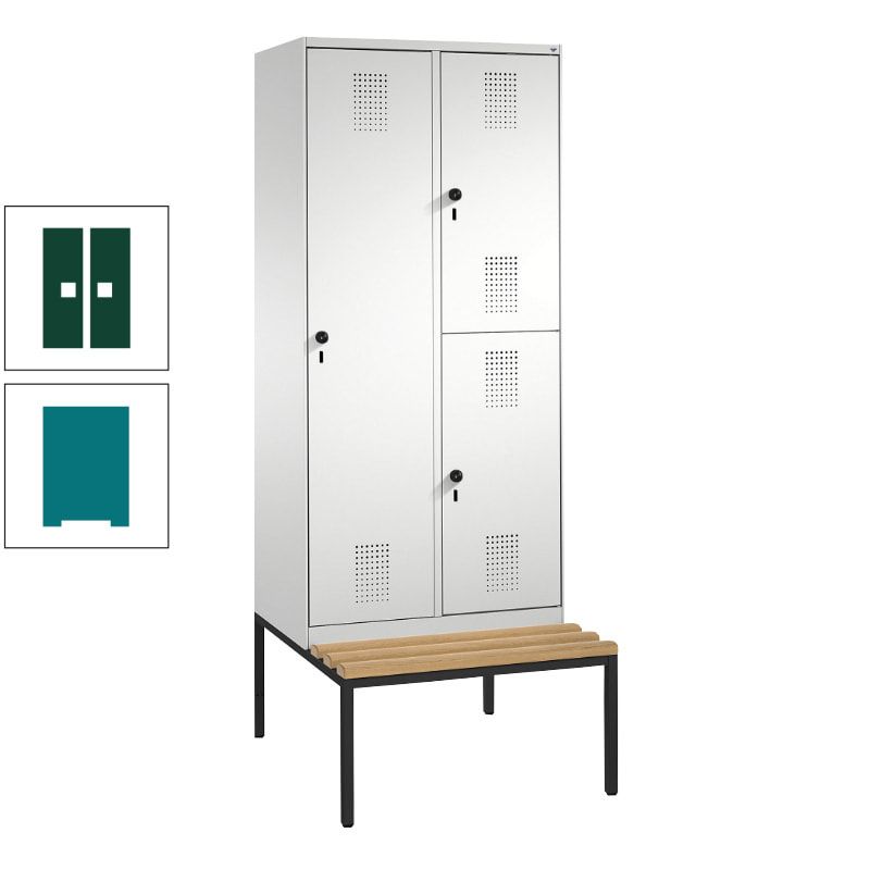 Garderobenschrank, Spind ein- und doppelstöckig Sitzbank, 2 Abteile, 3 Fächer, 2.090 x 800 x 500 mm (HxBxT), Front anthrazitgrau, Korpus anthrazitgrau