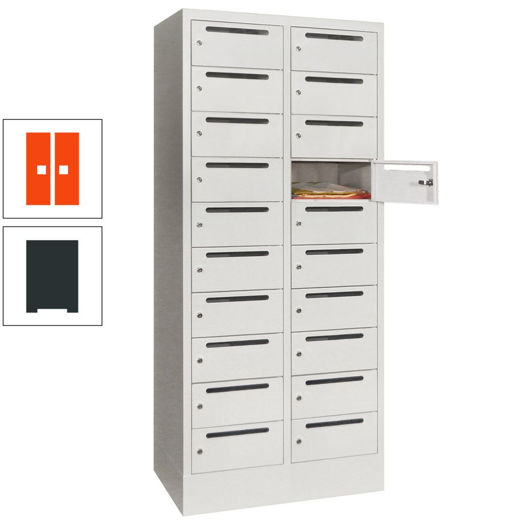 Postverteilerschrank, Schließfachschrank, 2 Abteile a 400 mm, 20 Fächer, 1.850 x 800 x 500 mm (HxBxT), Korpus anthrazitgrau, Front anthrazitgrau