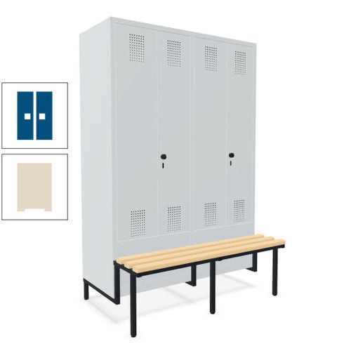 Doppel-Spind, Garderobenschrank, Buche Sitzbank integriert, 4 Abteile 300 mm, Korpus anthrazitgrau, Tür anthrazitgrau, 1.850 x 1.200 x 815 mm (HxBxT)