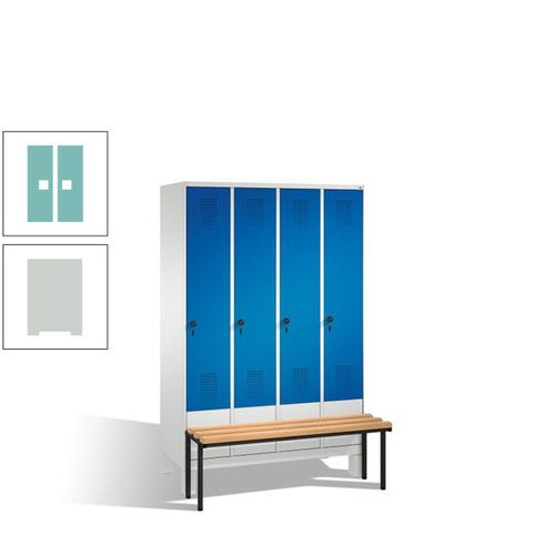 Stahl-Garderobenschrank, Spind, Buche Sitzbank vorgebaut, 4 Abteile a 300 mm, Korpus Lichtgrün, Tür Schwefelgelb, 1.850 x 1.200 x 815 mm (HxBxT)