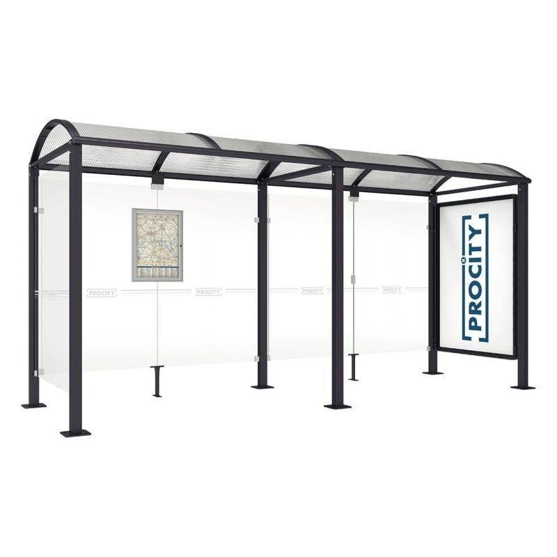 Buswartehalle, Unterstand, 1 Seitenwand, Schaukasten, feuerverzinkt, 2.500 x 2.500 x 1.600 mm (HxBxT), ESG, Fahrplanschaukasten, Farbe enzianblau