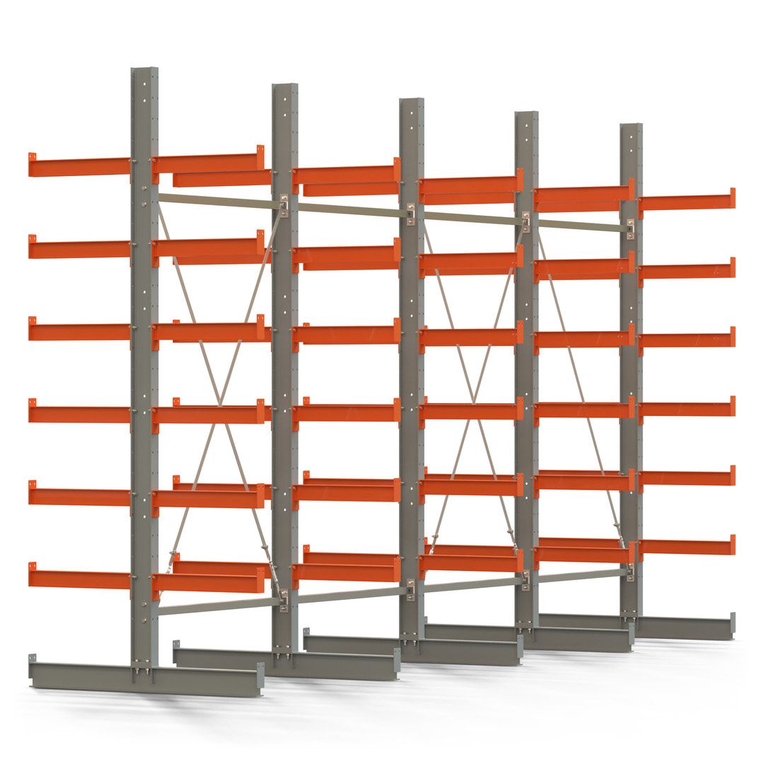 Doppelseitiges Kragarmregal, 2 Felder, 3.000 x 2.560 x 1.120 mm (HxBxT), Nutztiefe 500 mm, Kragarmlast 870 kg, KARL basic, silbergrau/reinorange