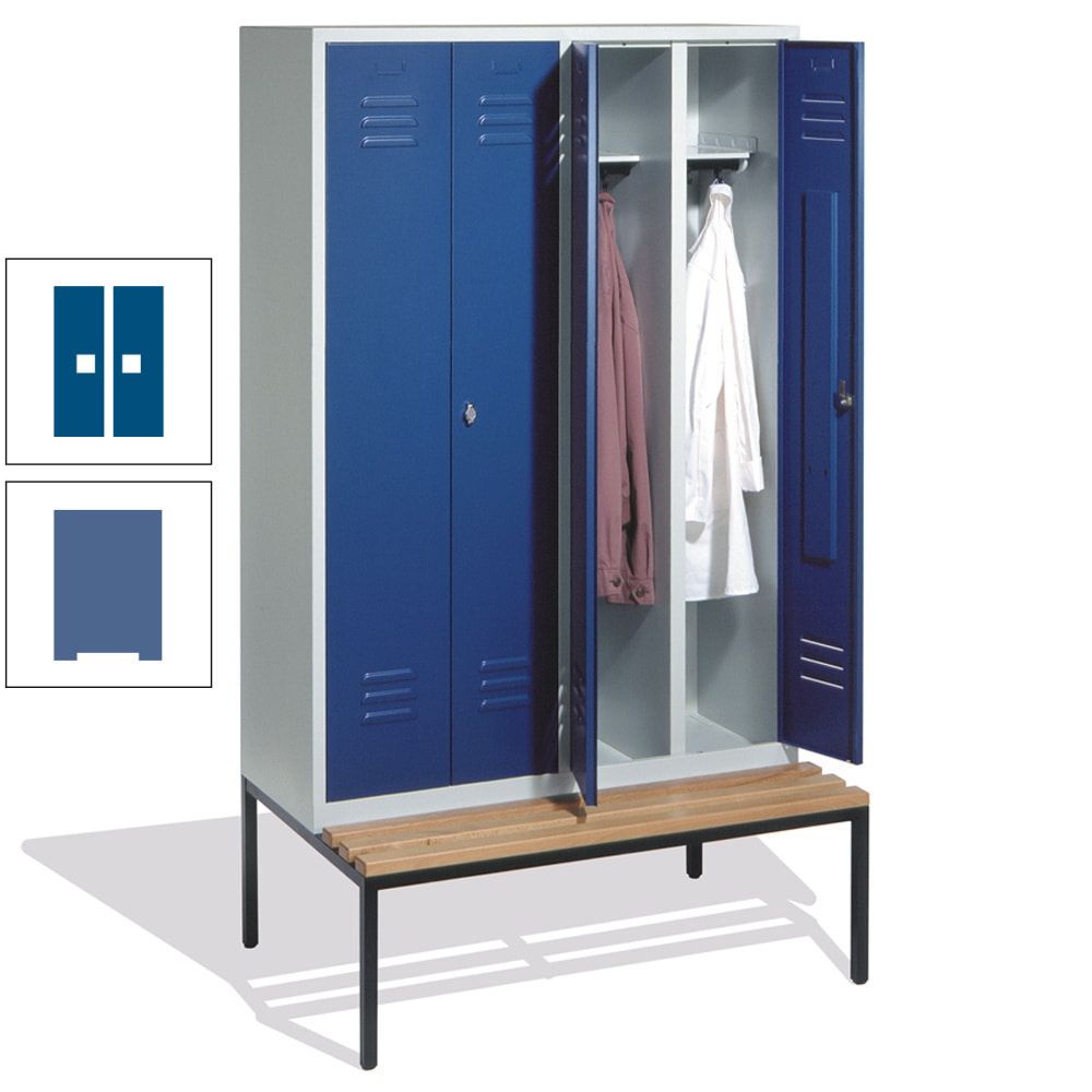 Doppel-Spindschrank, Buche Sitzbank untergebaut, 4 Abteile a 300 mm, Korpus lichtgrau, Tür anthrazitgrau, 2.090 x 1.190 x 815 mm (HxBxT)