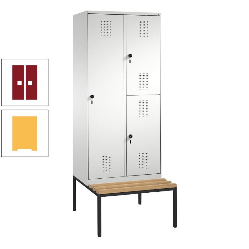 Garderobenschrank, Spind ein- und doppelstöckig Sitzbank, 2 Abteile, 3 Fächer, 2.090 x 800 x 500 mm (HxBxT), Front anthrazitgrau, Korpus anthrazitgrau