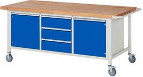 Mobile Werkbank, 2 Schränke - 3 Schubladen - Teilauszug - 180:3 - Höhe 880-1.080 mm - 2.000 x 900 mm - 450 kg - Buche - Farbe wählbar