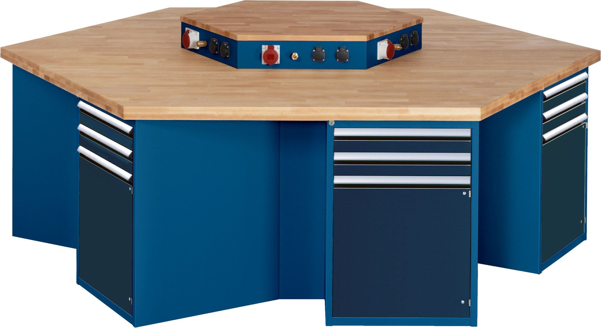 Gruppenwerkbank, Buche, Höhe 840 mm, mit Energieaufsatz, Unterbau-Container, 2 Schubladen, 1 Tür, 1 Boden - Anthrazitgrau
